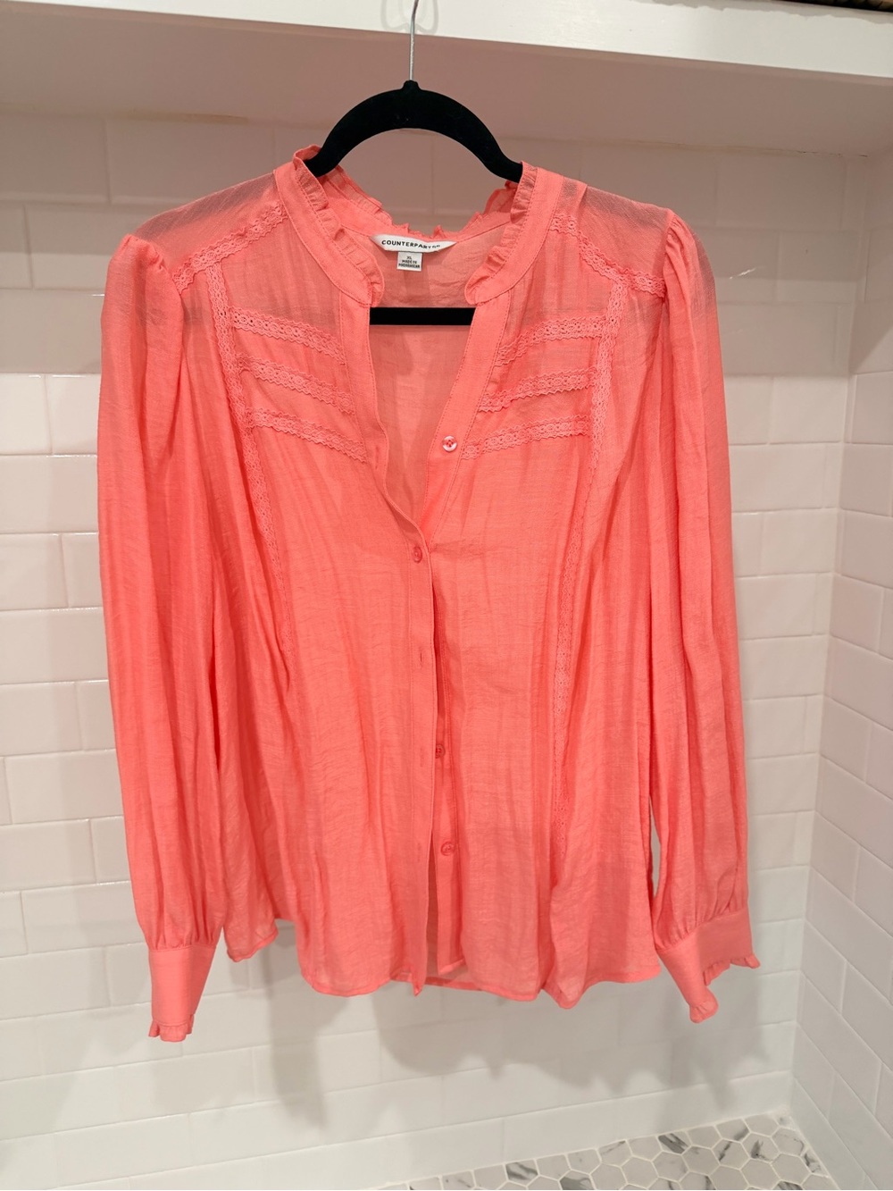 Counterparts Coral Lace-Trim Long Sleeve Blouse